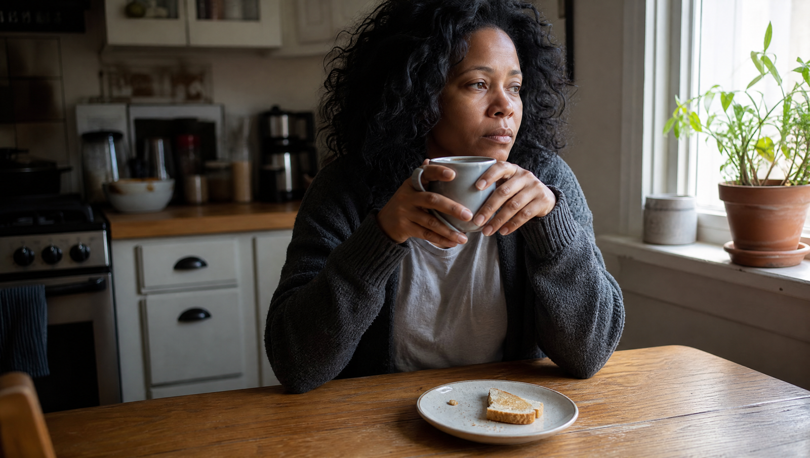 sleep and A1C levels — tired woman sitting at a kitchen table in the morning