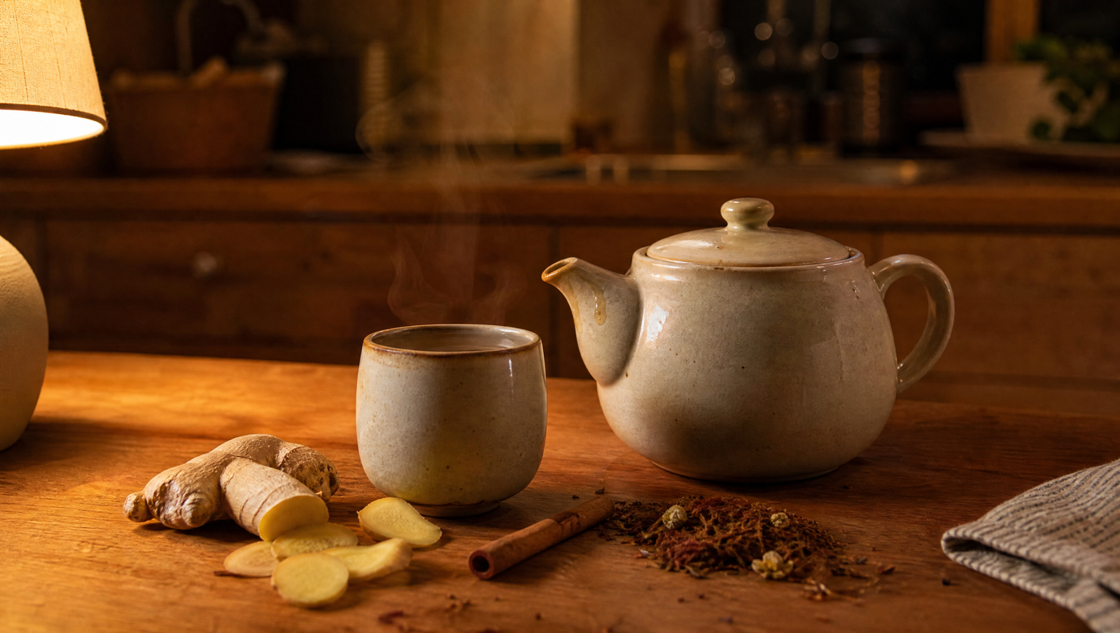 sleep and A1C levels — herbal tea and cinnamon on a wooden kitchen counter in warm evening light