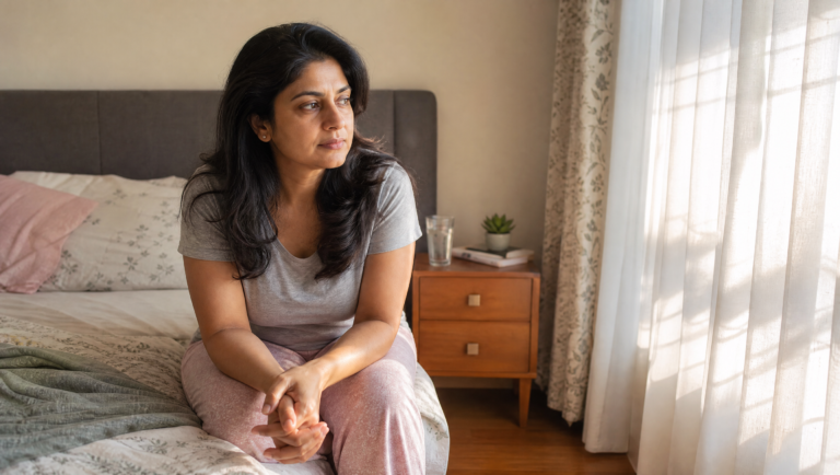 sleep and A1C levels — woman resting in a bright morning bedroom with soft natural light