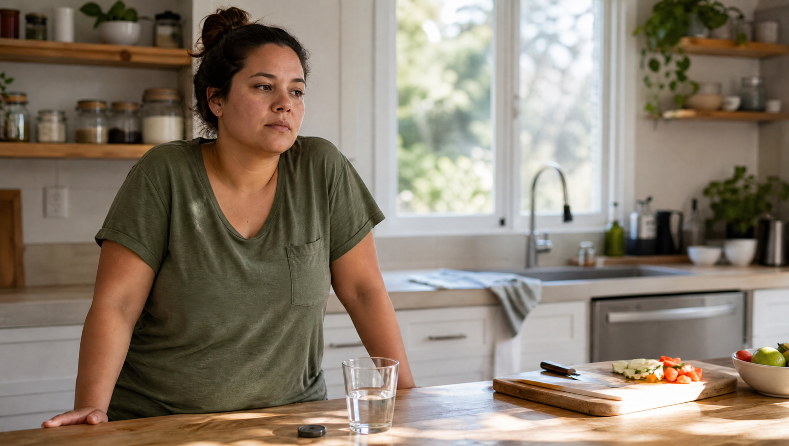 sluggish liver symptoms shown through a woman looking fatigued at a kitchen table in the morning