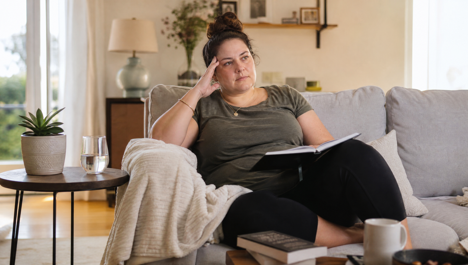 sluggish liver symptoms including brain fog illustrated by a woman sitting at desk looking distracted and unfocused