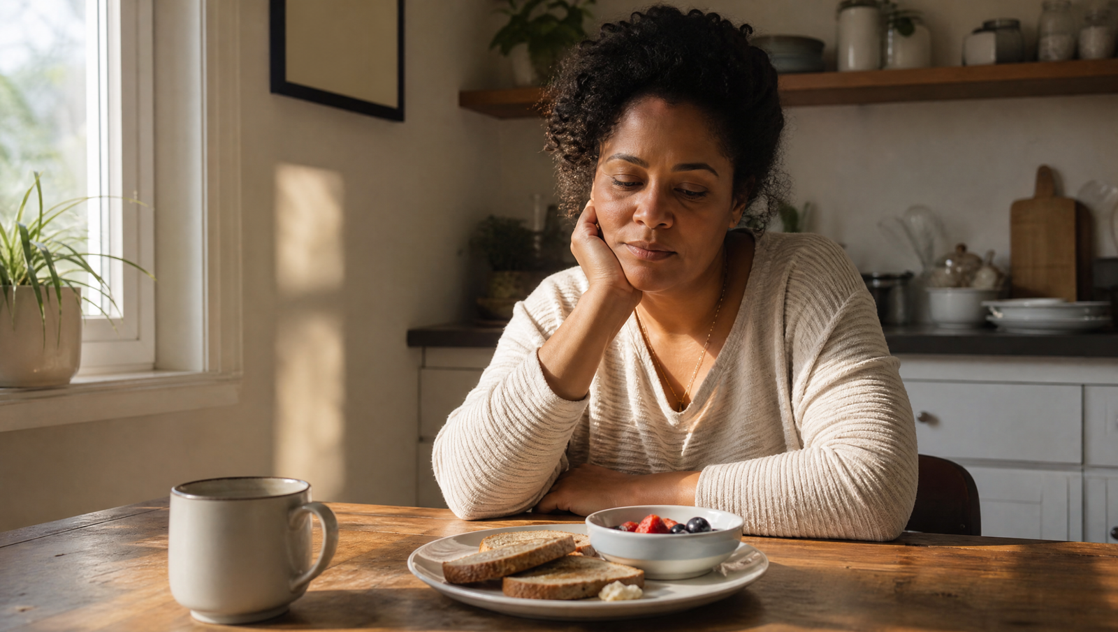 sluggish liver symptoms — woman looking fatigued at kitchen table with morning light