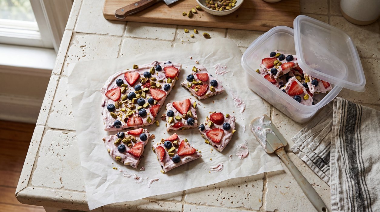 berry Greek yogurt bark as a no added sugar dessert with berries and pistachios