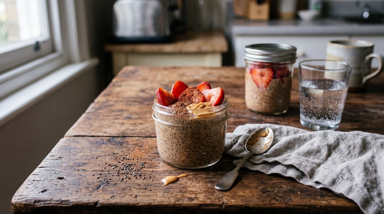 peanut butter chia pudding with strawberries for a blood-sugar friendly dessert