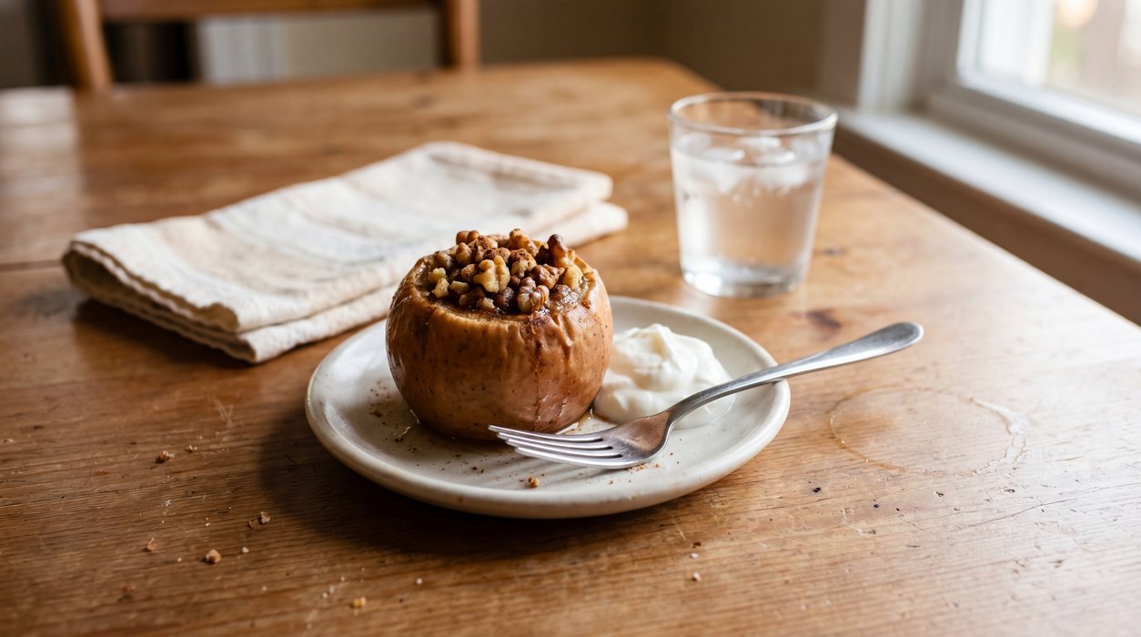 baked apple with walnuts and cinnamon as a no added sugar dessert
