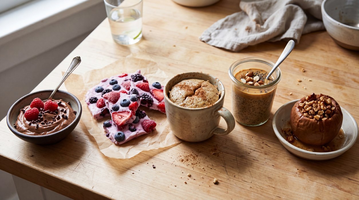 sugar-free dessert recipes with five balanced homemade desserts on a bright kitchen counter