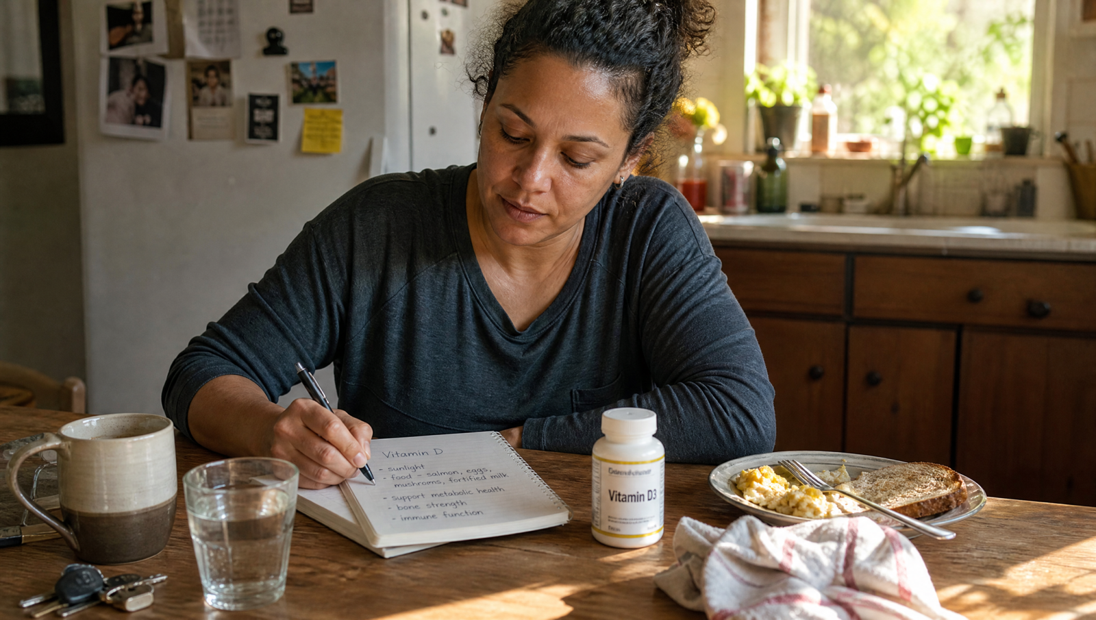 vitamin D metabolic syndrome scene with visible vitamin D supplement and health notes