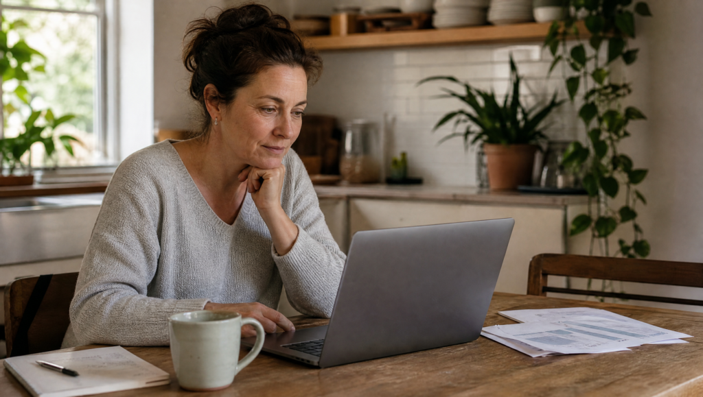 woman reading evidence-based metabolic health guidance on a laptop at home