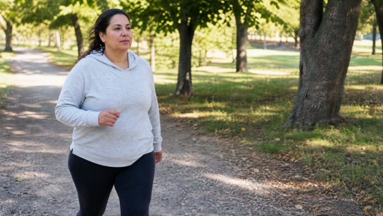 zone 2 training benefits — woman on a sunlit park path walking at a steady pace, natural morning light