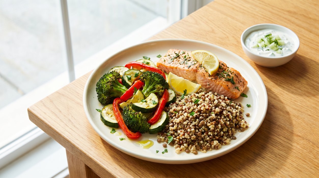 balanced metabolic syndrome meal plate with salmon vegetables quinoa and olive oil