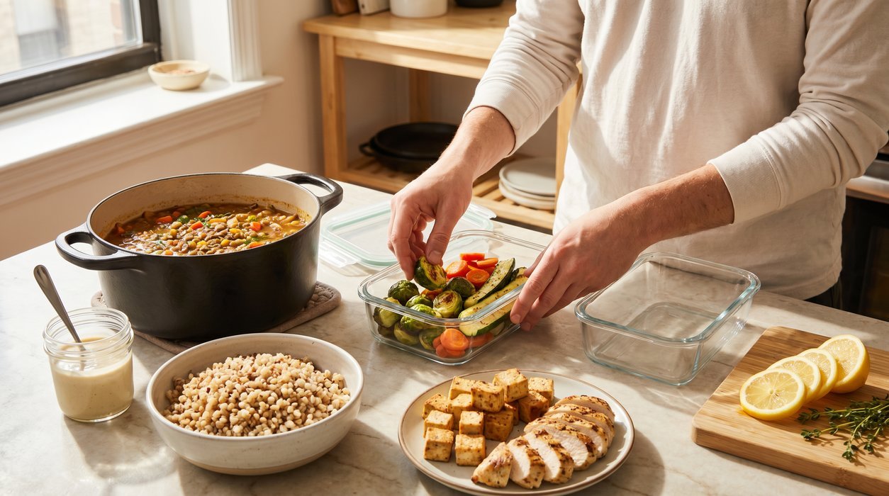 organized meal prep for metabolic syndrome with lentils roasted vegetables and grains