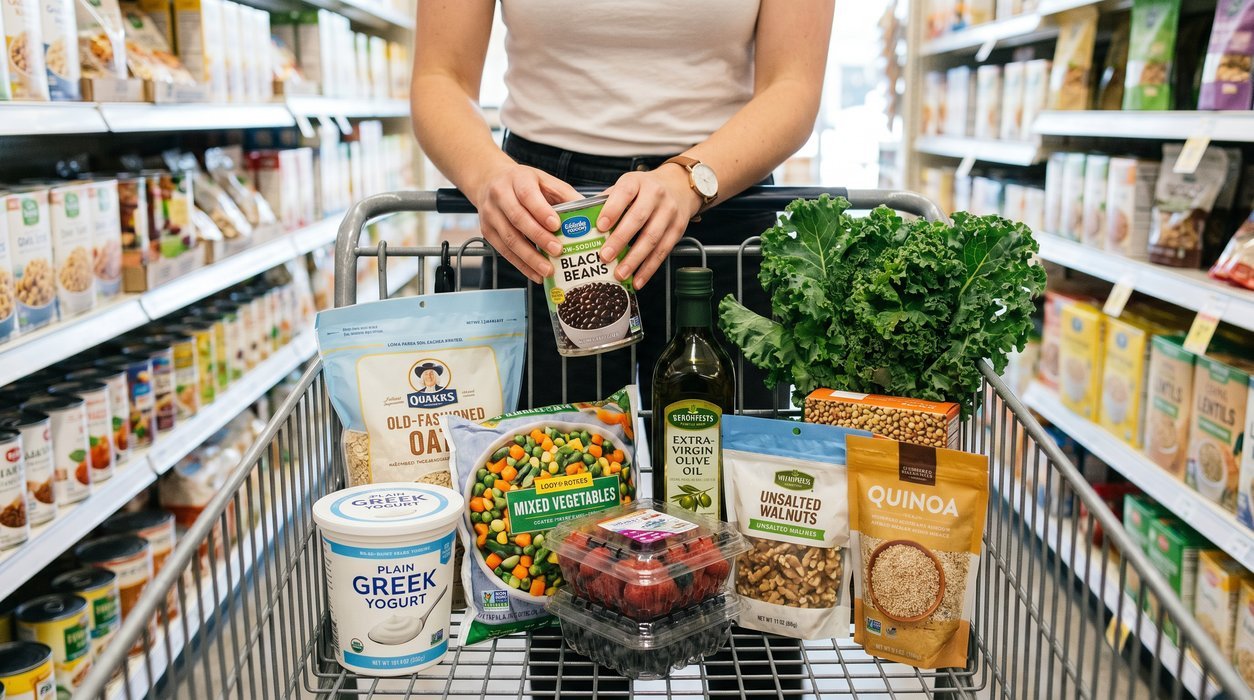 grocery cart with low sodium beans oats nuts and vegetables for metabolic health