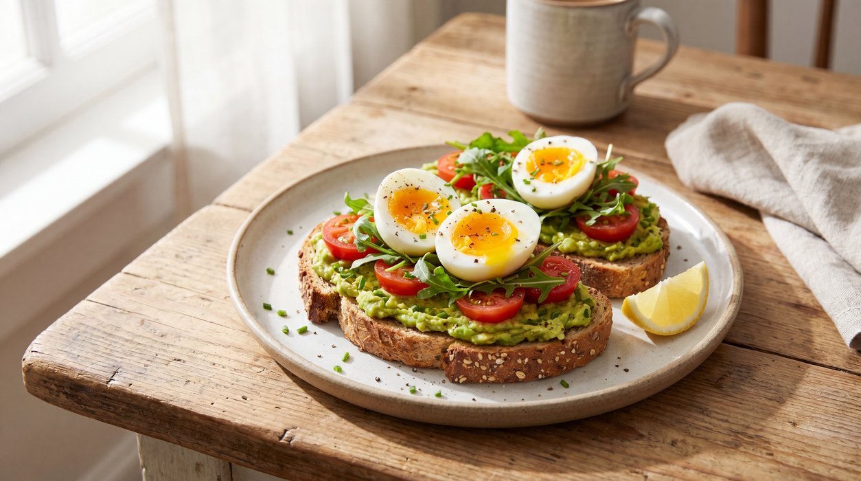 savory Anti-inflammatory breakfast with eggs avocado tomato and whole-grain toast