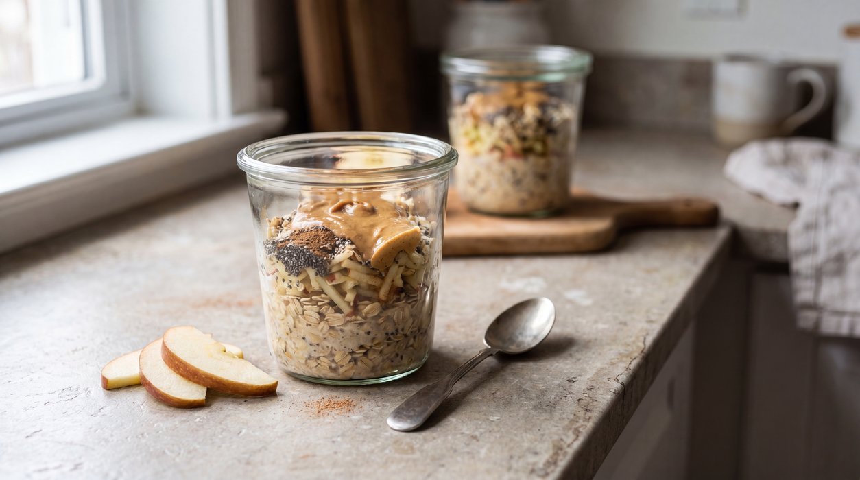 overnight oats anti-inflammatory breakfast with apple peanut butter and cinnamon