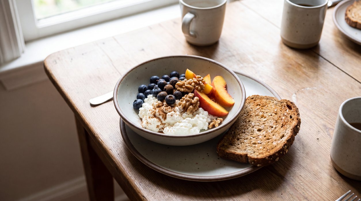 high-protein anti-inflammatory breakfast plate with cottage cheese fruit and nuts