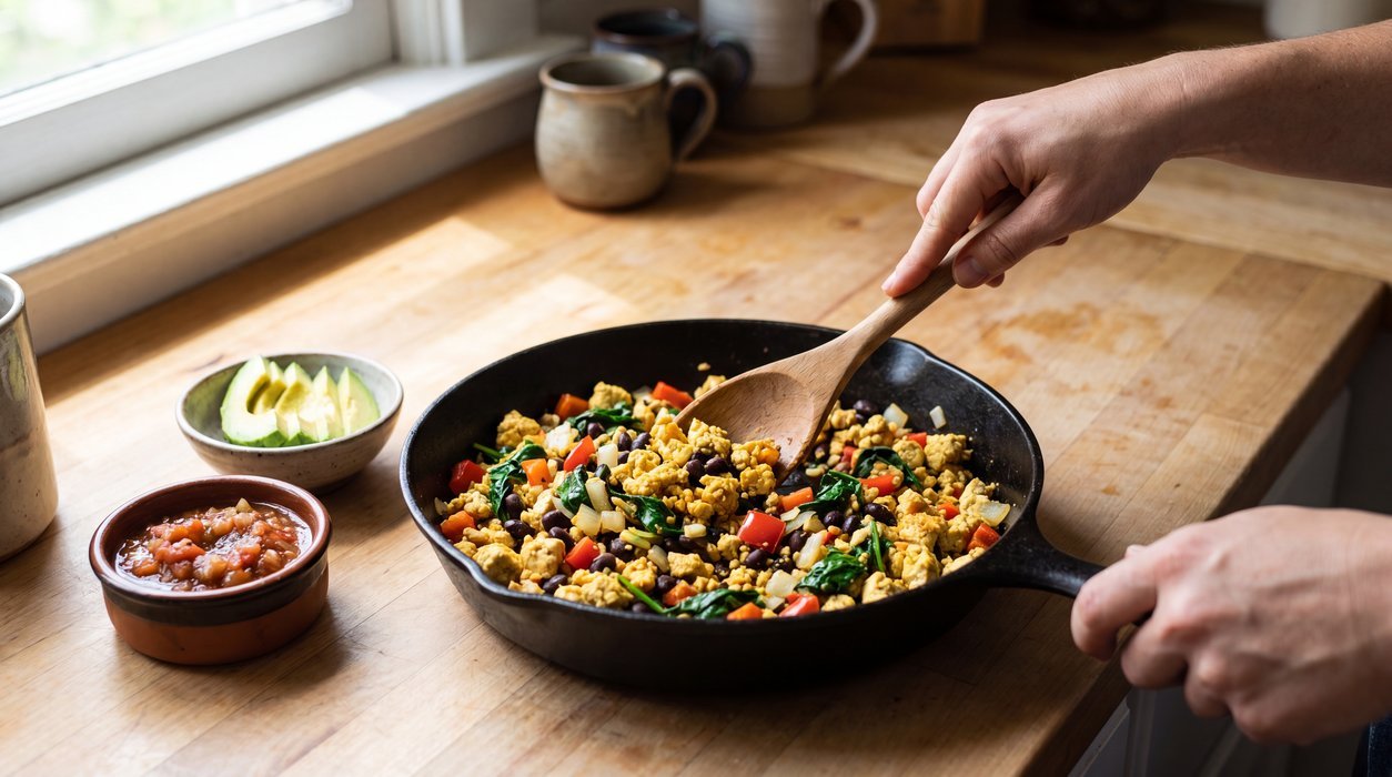 plant-based Anti-inflammatory breakfast with tofu scramble spinach peppers and beans