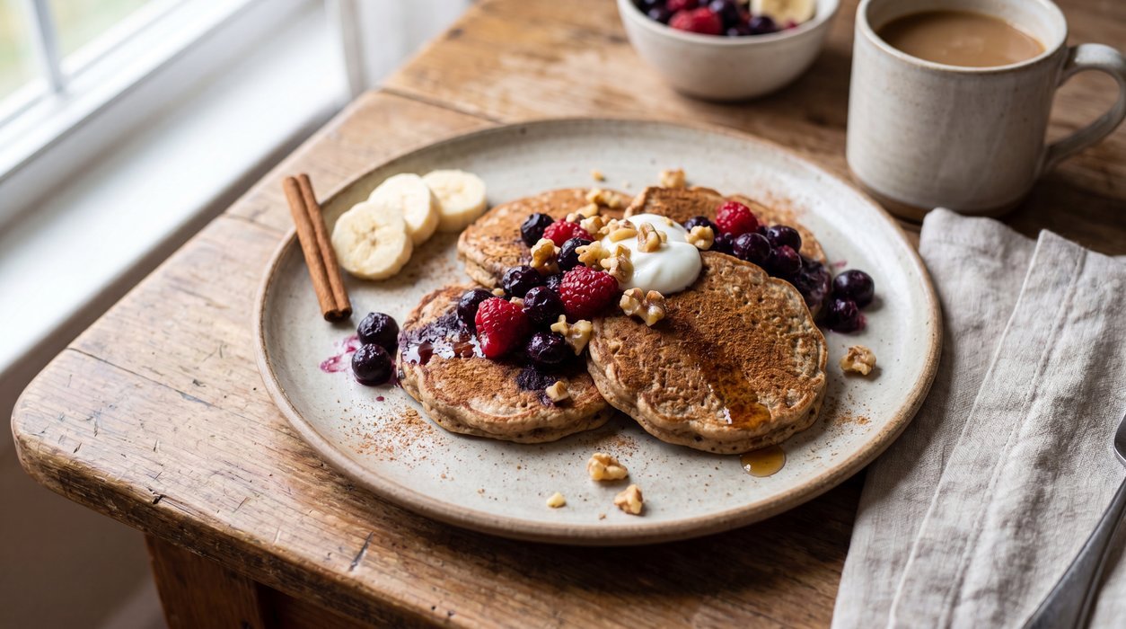 banana walnut protein pancakes for an Anti-inflammatory breakfast with berries