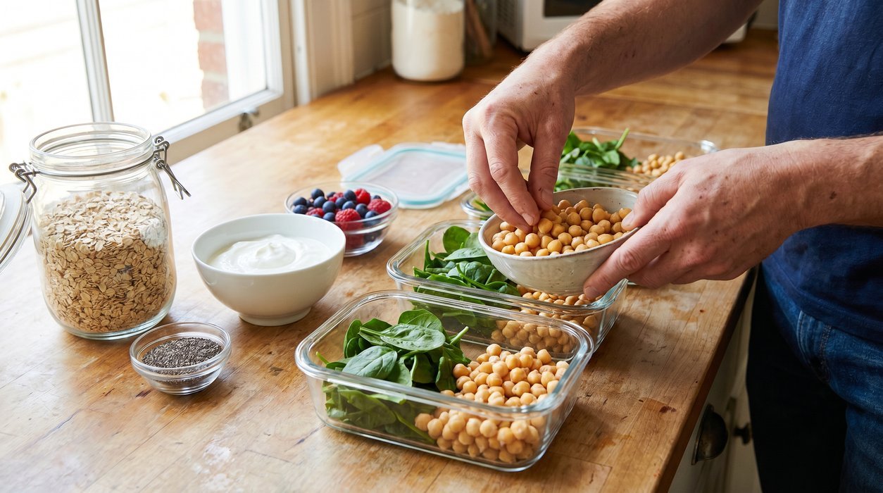 prediabetes-friendly meal prep with vegetables beans yogurt berries and oats