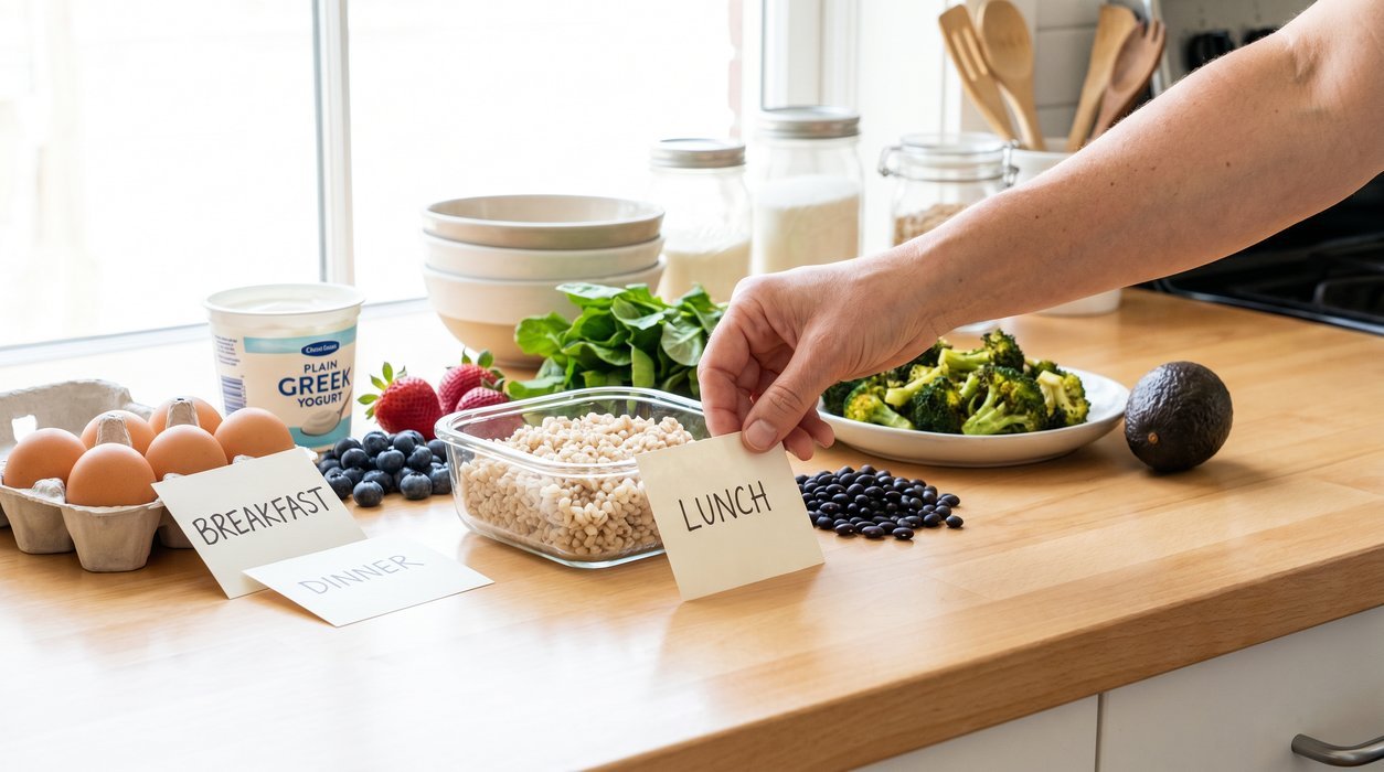 weekly prediabetes meal plan ingredients arranged for simple balanced meals