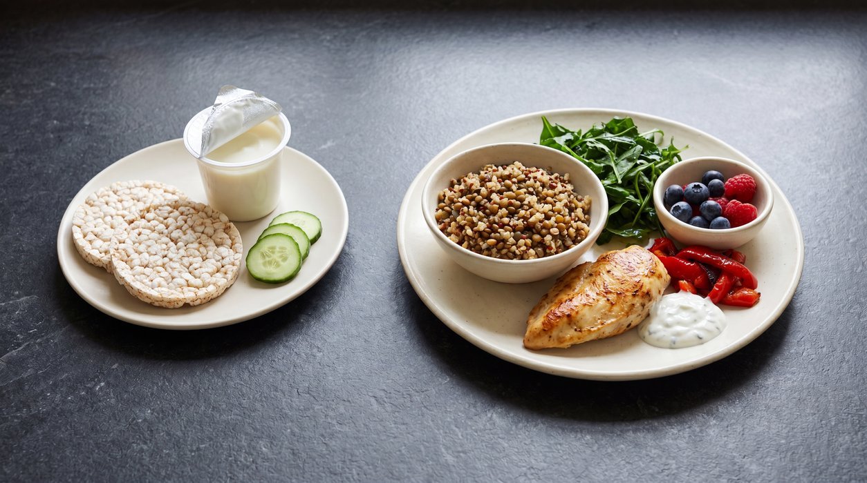 calories vs nutrients meal comparison with protein fiber and colorful plants