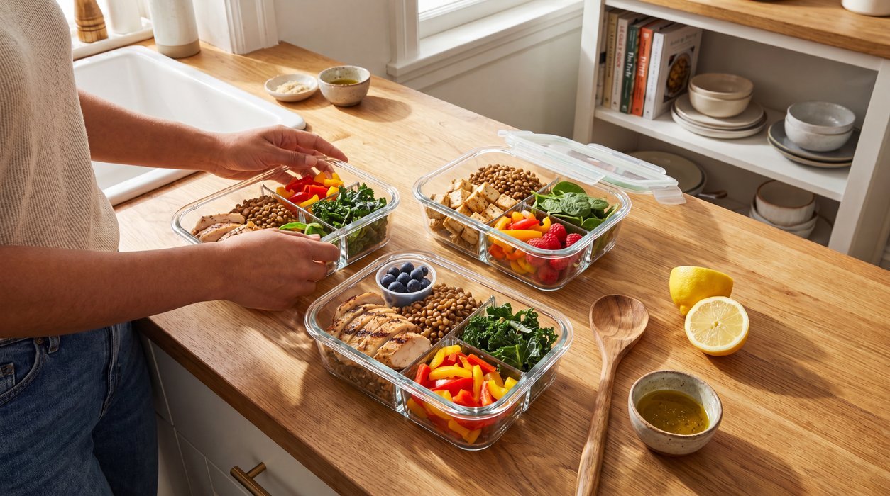 nutrient-dense meal prep with protein fiber and colorful produce