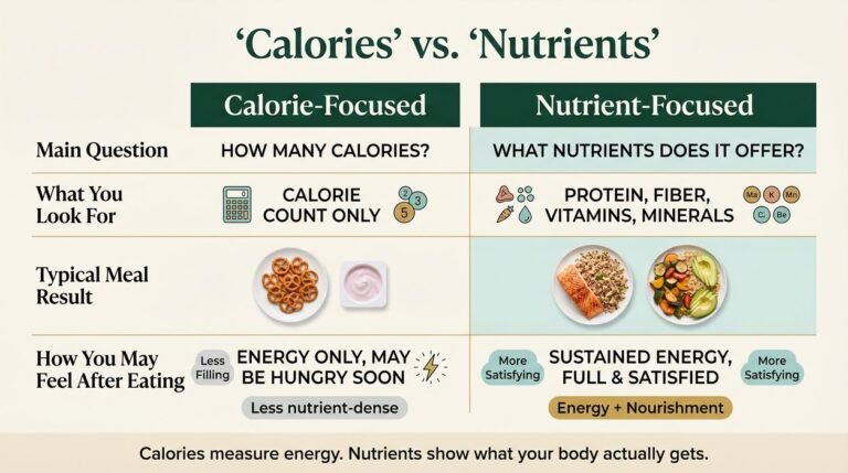 infographic comparing calories vs nutrients and how each approach affects food choices