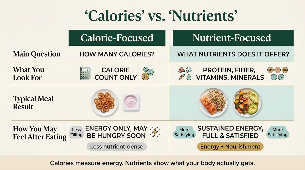 infographic comparing calories vs nutrients and how each approach affects food choices