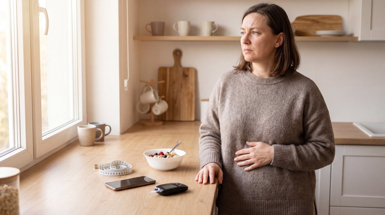 chronic stress fat storage mode with stress, glucose, and waist cues