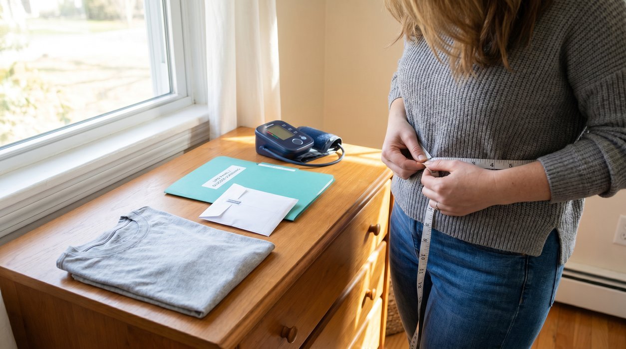 waist measurement, blood pressure cuff and lab envelope for early insulin resistance screening