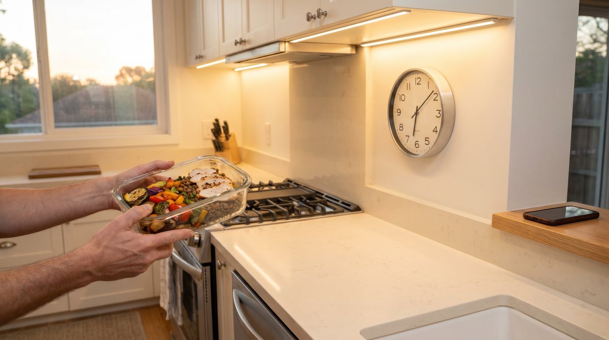 clean kitchen reset after early dinner with phone away and clock visible