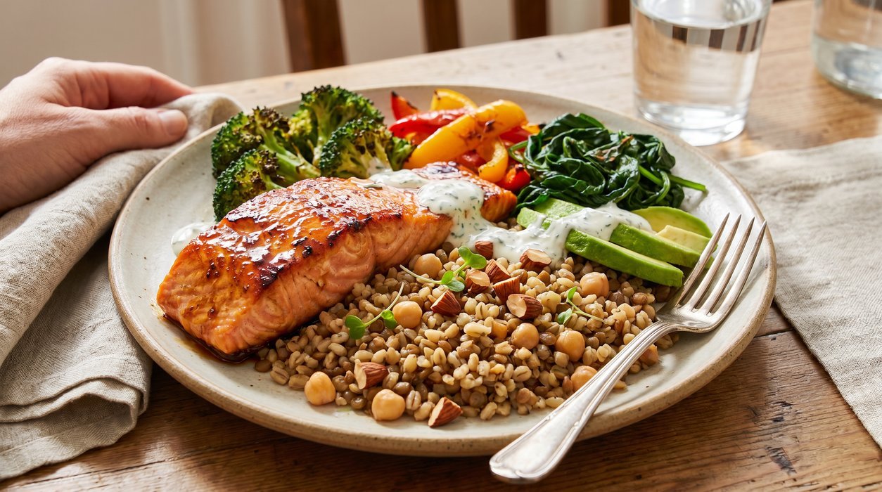 Composed meal with salmon, barley-lentil pilaf, charred broccoli, peppers, greens and avocado