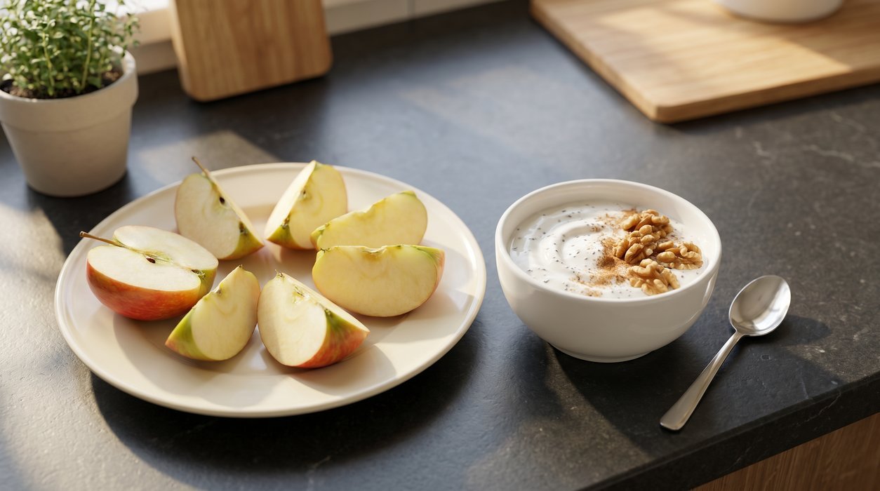Apple wedges with plain Greek yogurt, walnuts, chia seeds and cinnamon