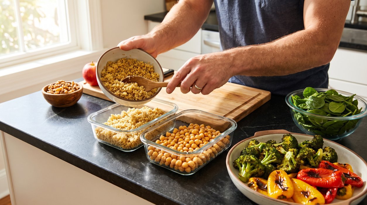 Hands portioning quinoa, chickpeas and vegetables into meal containers