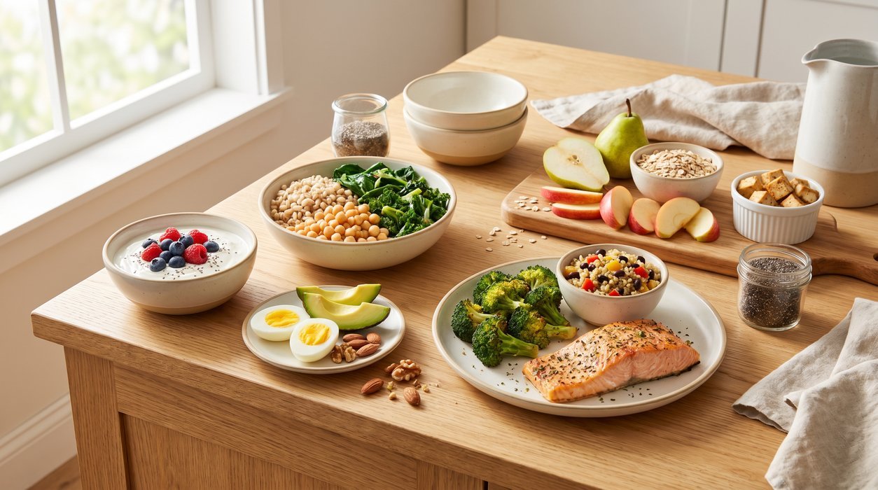 Foods that help support steadier blood sugar arranged in an editorial spread