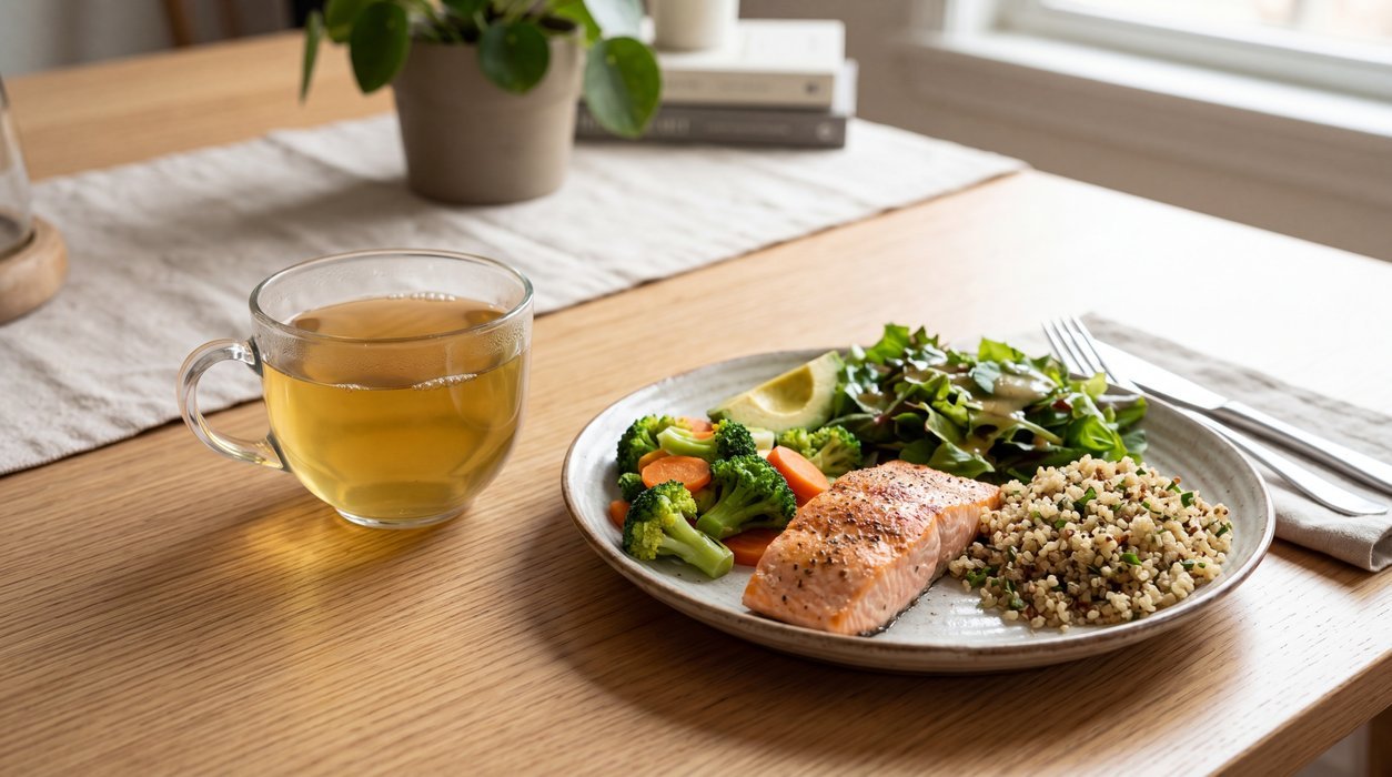 green tea fatty liver routine with balanced meal prep and post-meal walking shoes