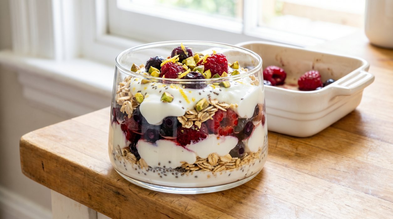 Greek yogurt parfait with roasted berries, pistachios, chia and lemon zest