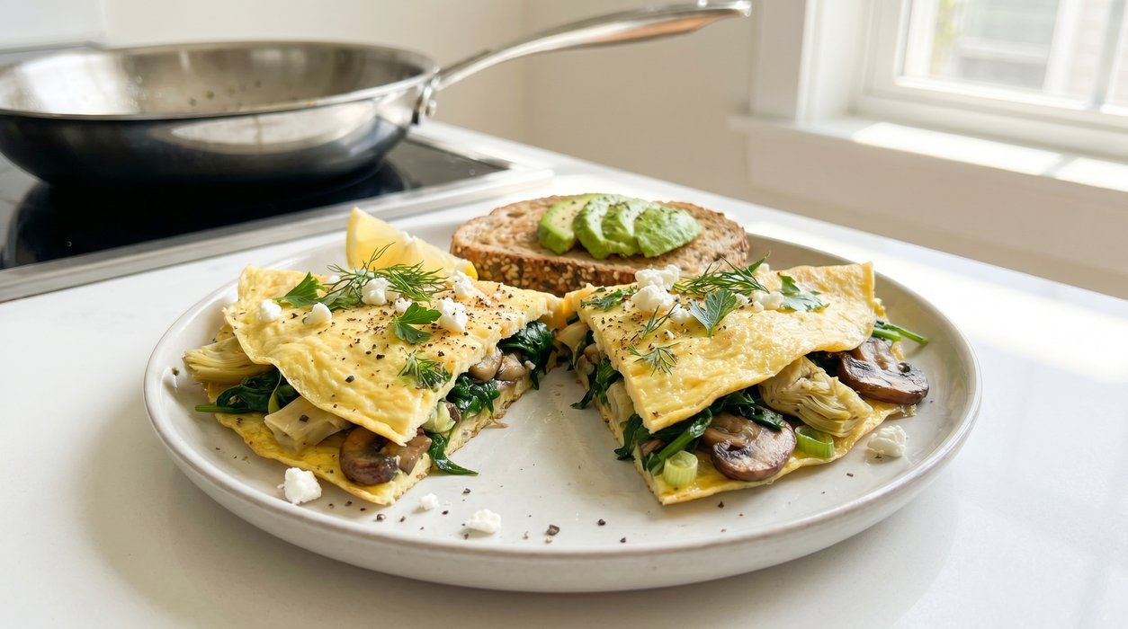 Herb omelet with spinach, mushrooms and artichokes beside avocado toast