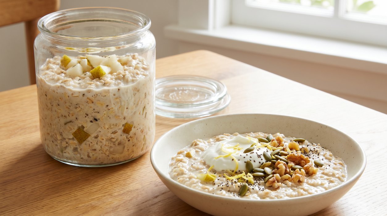 Cardamom overnight oats with pear, skyr, pumpkin seeds and walnuts
