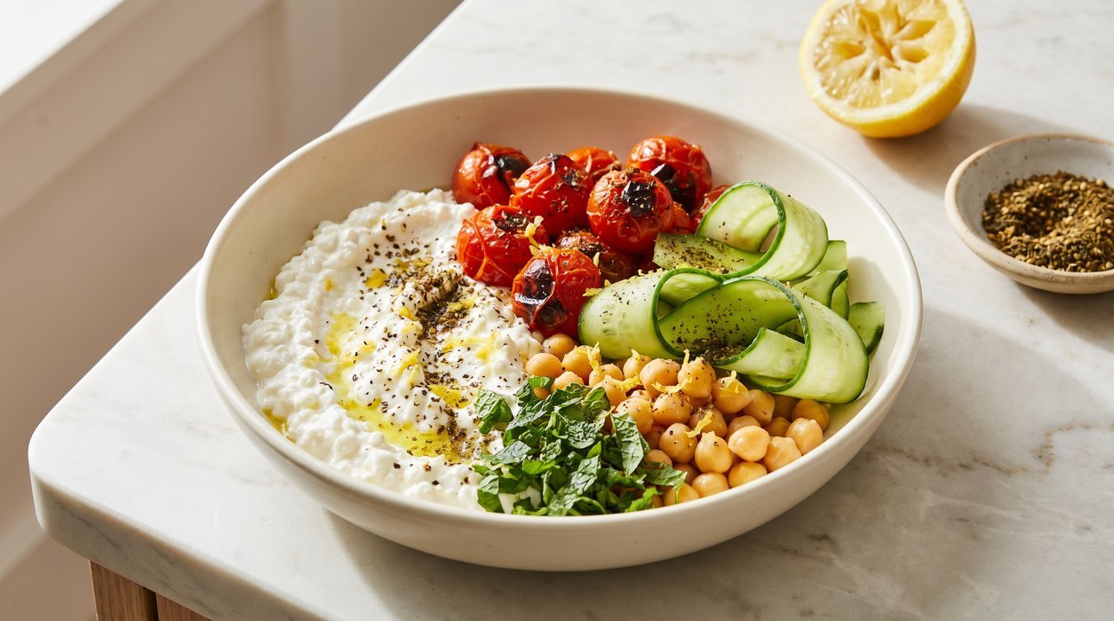 Cottage cheese bowl with roasted tomatoes, cucumber, chickpeas and za’atar