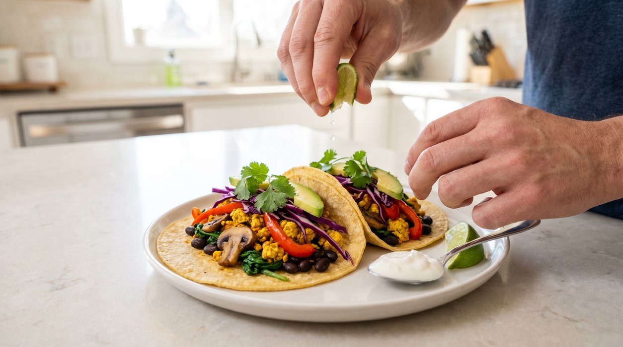 Tofu breakfast tacos with black beans, cabbage, avocado and lime