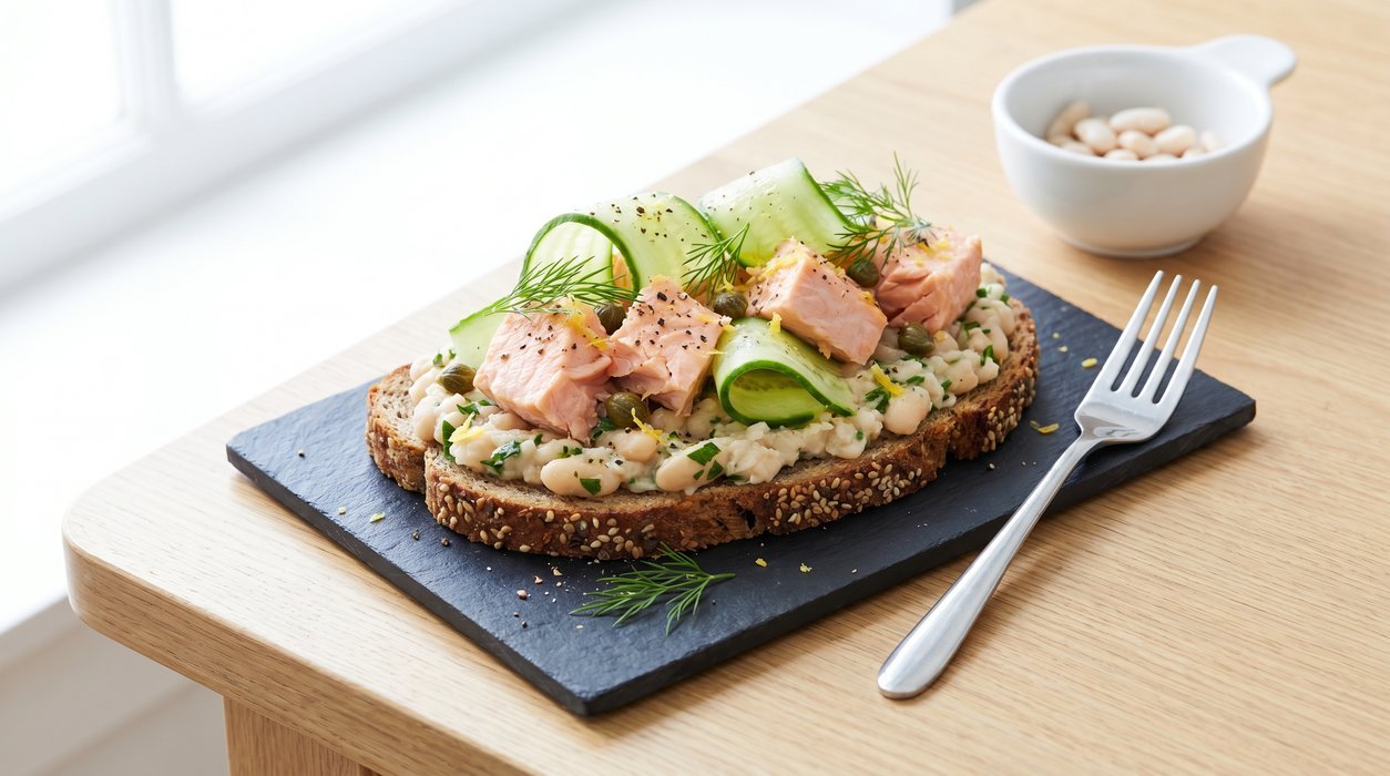 Rye tartine with white bean spread, cooked salmon, cucumber and dill