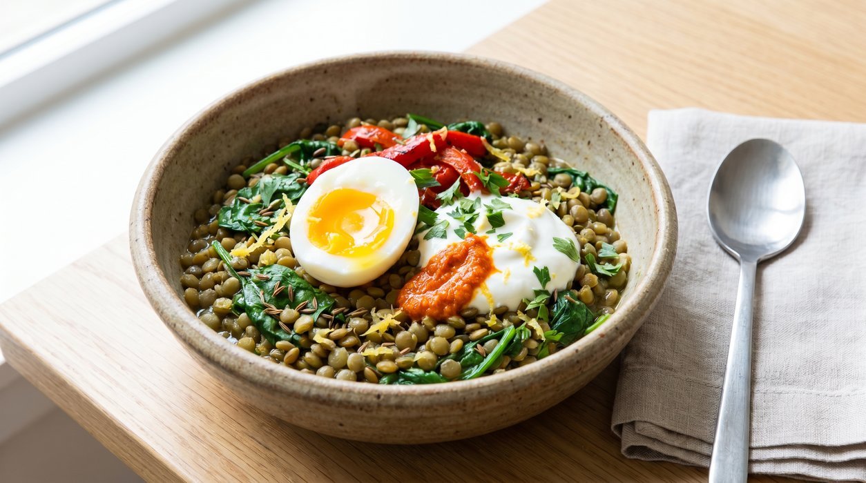 Harissa lentil breakfast bowl with egg, spinach, roasted pepper and yogurt