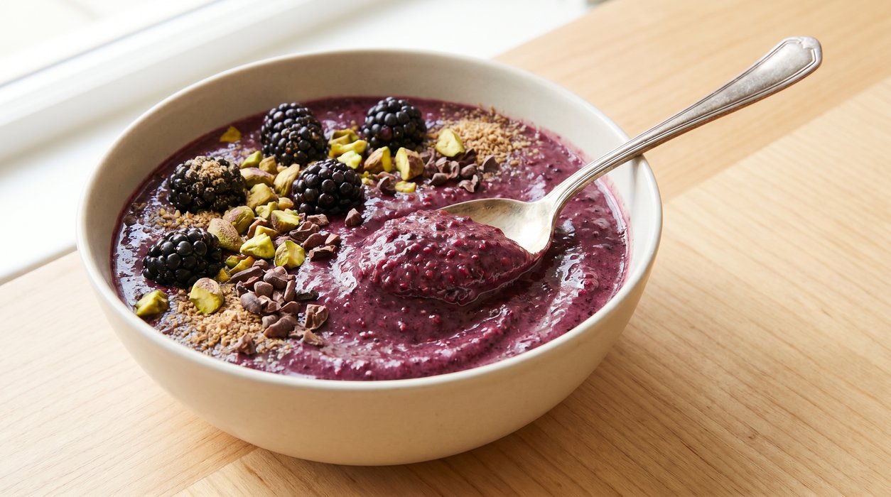 Blackberry cocoa smoothie bowl with pistachios, flax and cacao nibs