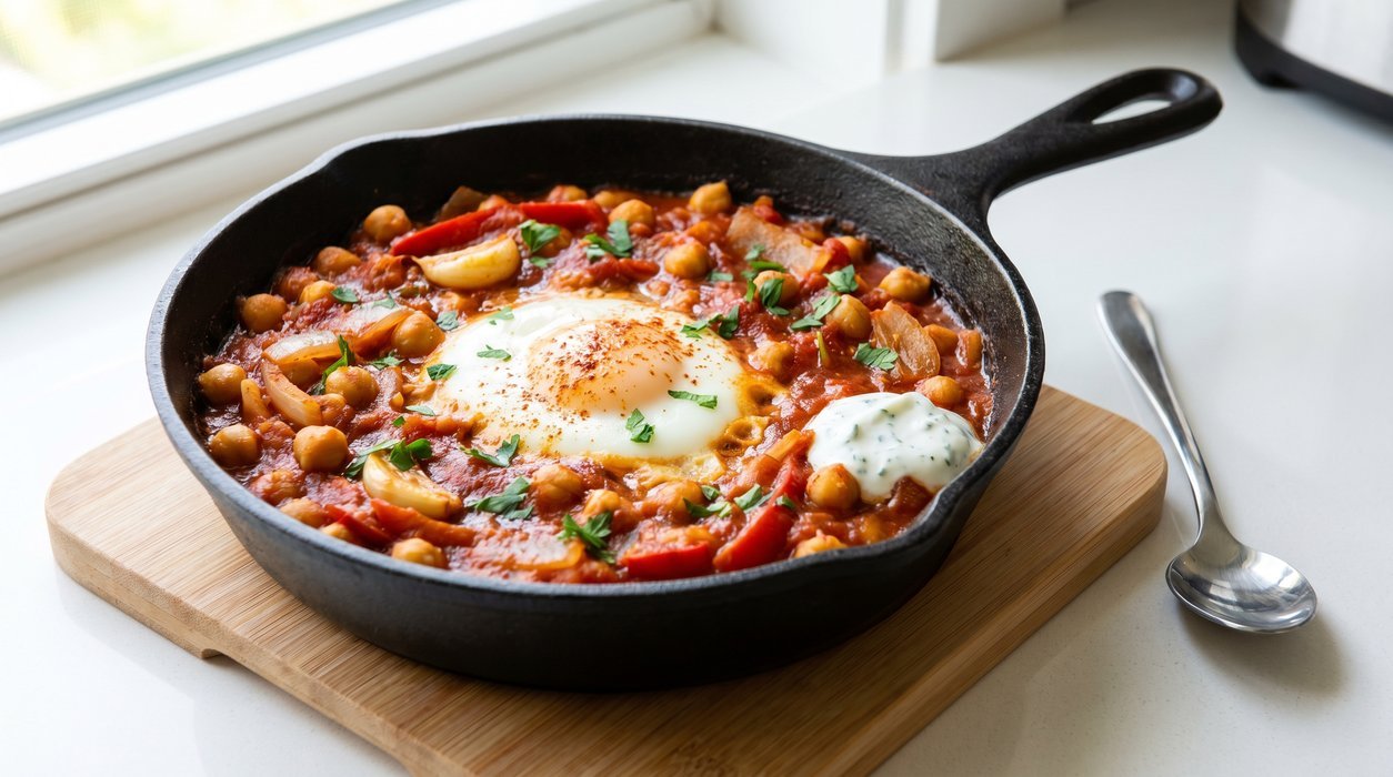 Chickpea shakshuka with eggs, peppers, tomato and herbed yogurt