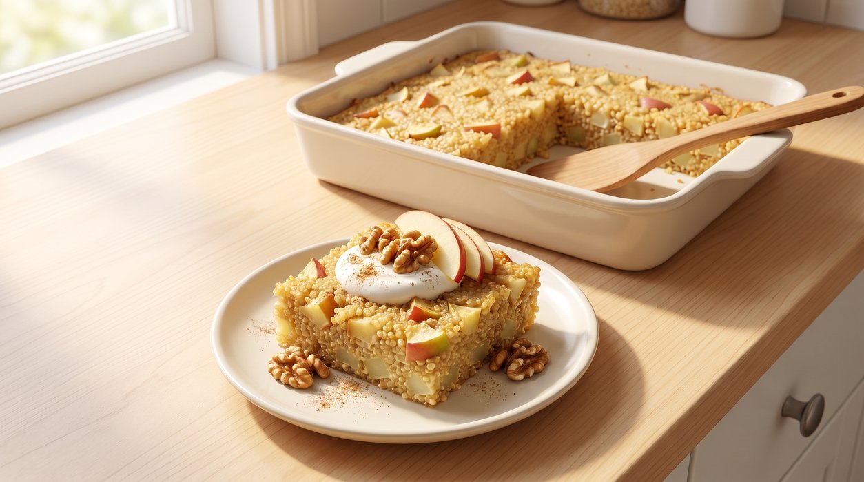 Apple quinoa breakfast bake with skyr, walnuts and cinnamon