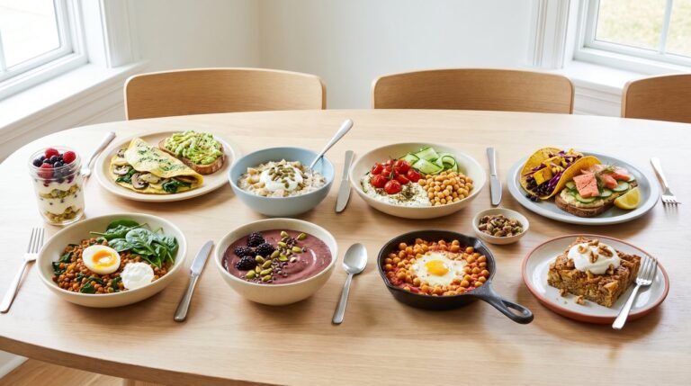 Ten colorful high-protein fatty liver breakfast ideas arranged together on a bright dining table