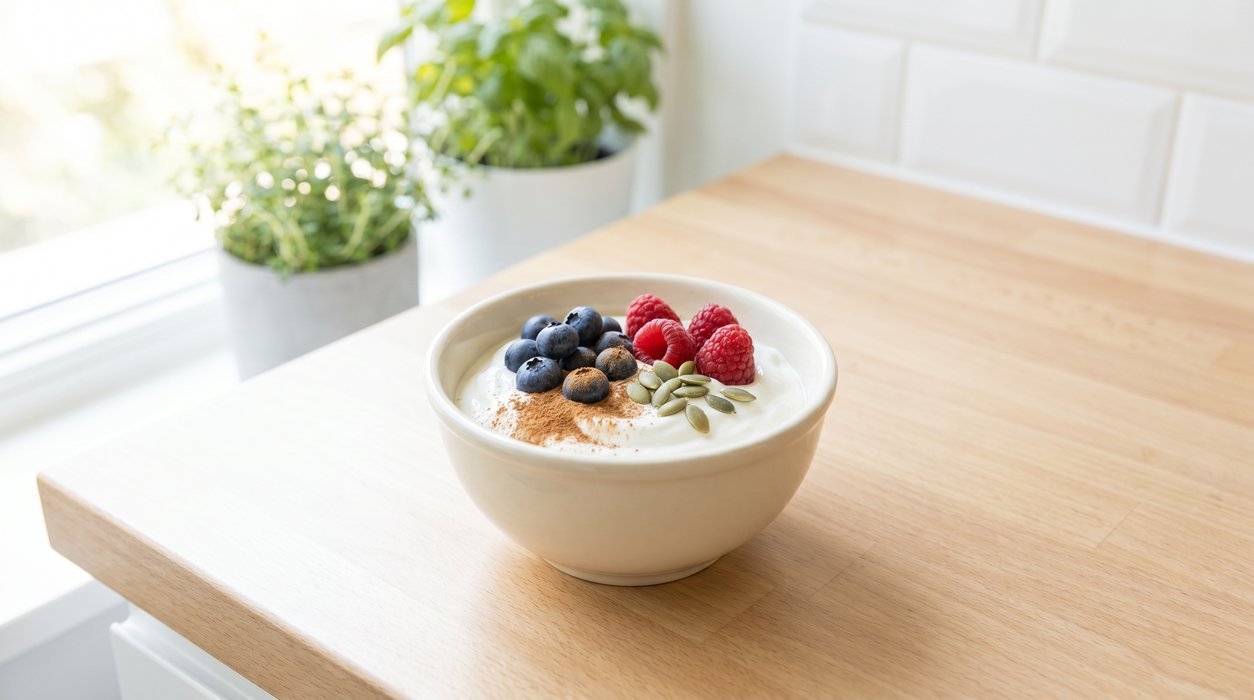 Greek yogurt berry cup with cinnamon and pumpkin seeds