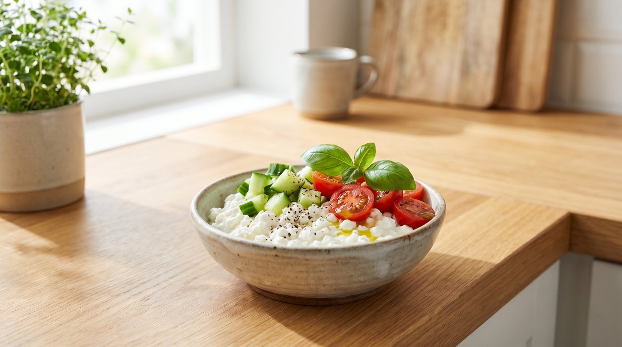 cottage cheese tomato cucumber bowl with basil and pepper