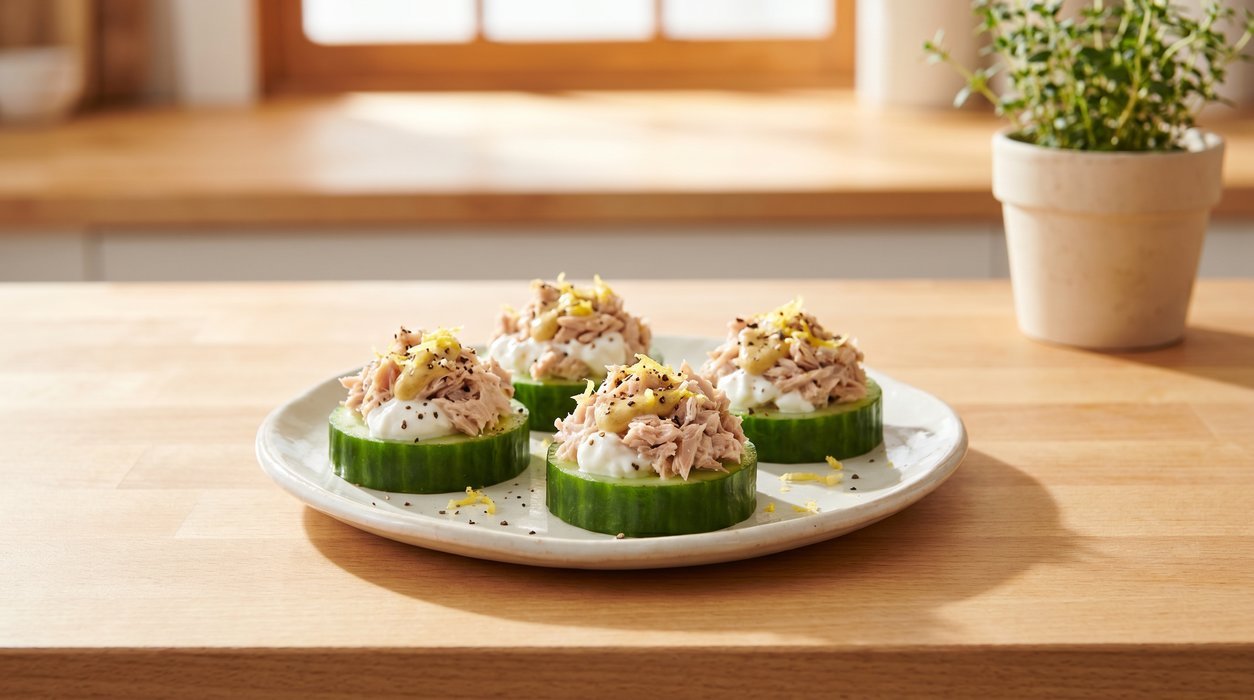 tuna cucumber stacks with Greek yogurt and Dijon