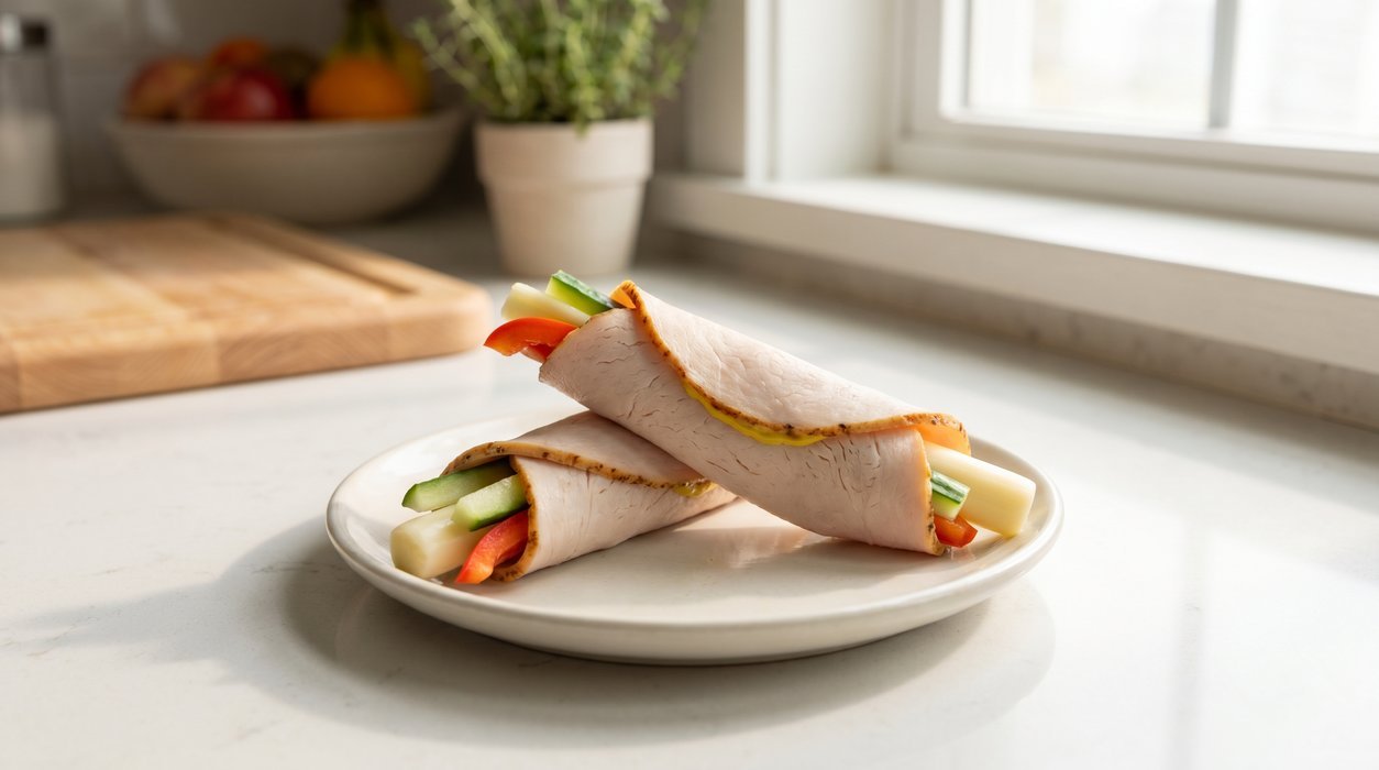 turkey and string cheese roll-ups with cucumber strips